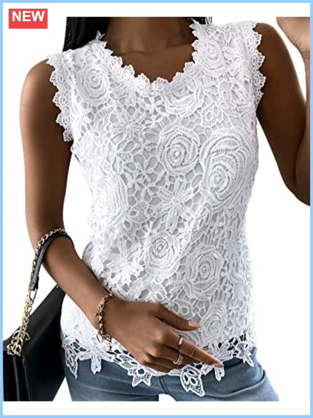 Womens Lace Tank Top Sleeveless Crew Neck Slim Fit Casual Summer Shirt